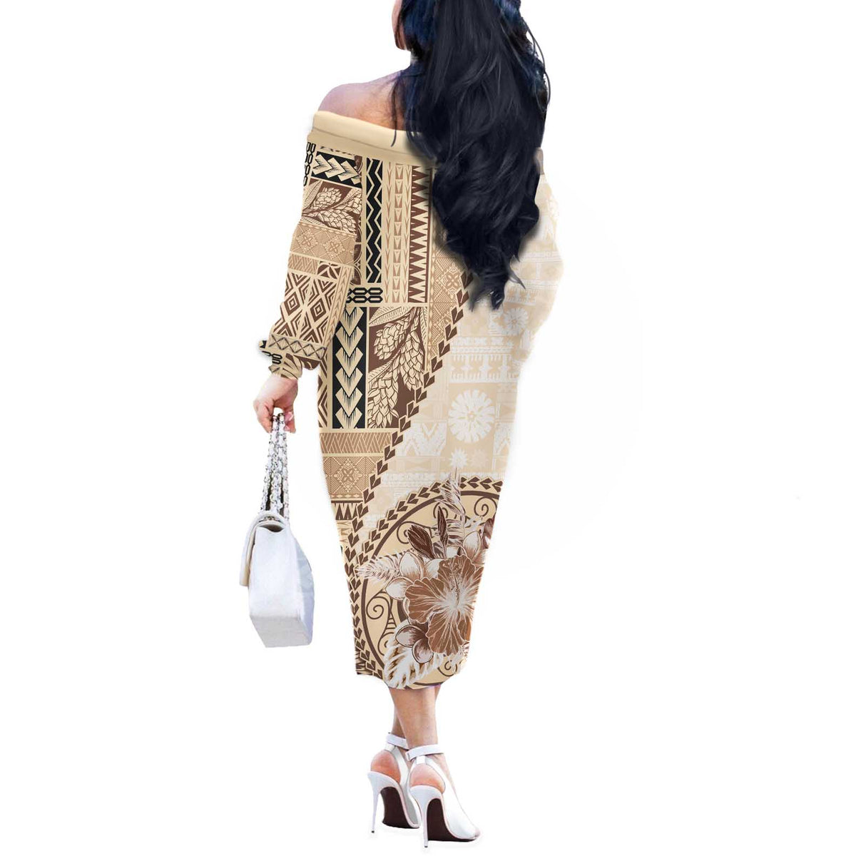 Samoa Siapo Elegant Off The Shoulder Long Sleeve Dress Hibiscus Beige Motifs - Polynesian Pride