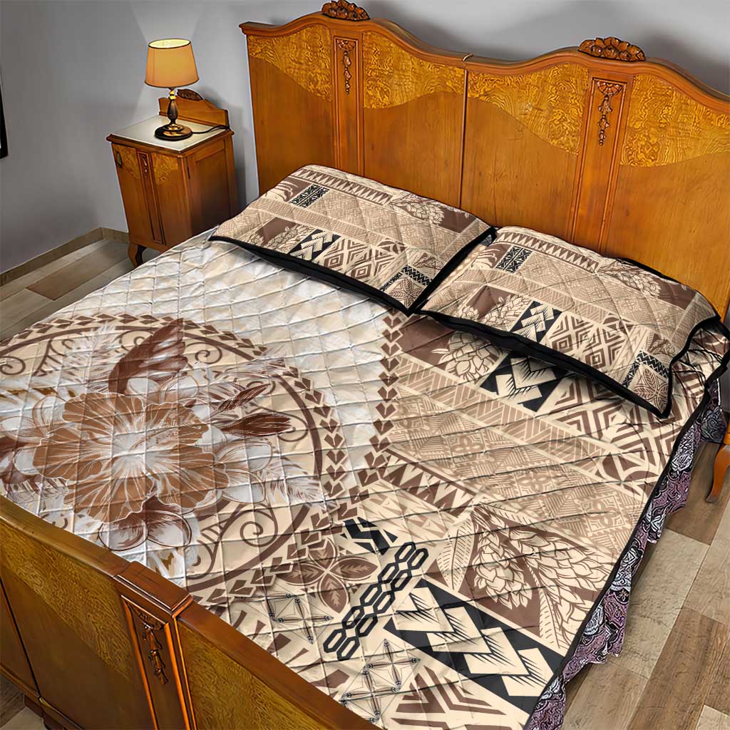 Samoa Siapo Elegant Quilt Bed Set Hibiscus Beige Motifs - Polynesian Pride