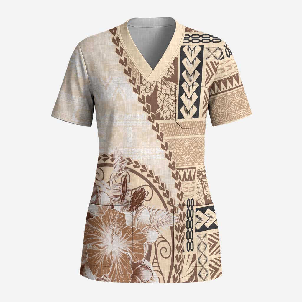 Samoa Siapo Elegant Scrub Top Hibiscus Beige Motifs - Polynesian Pride