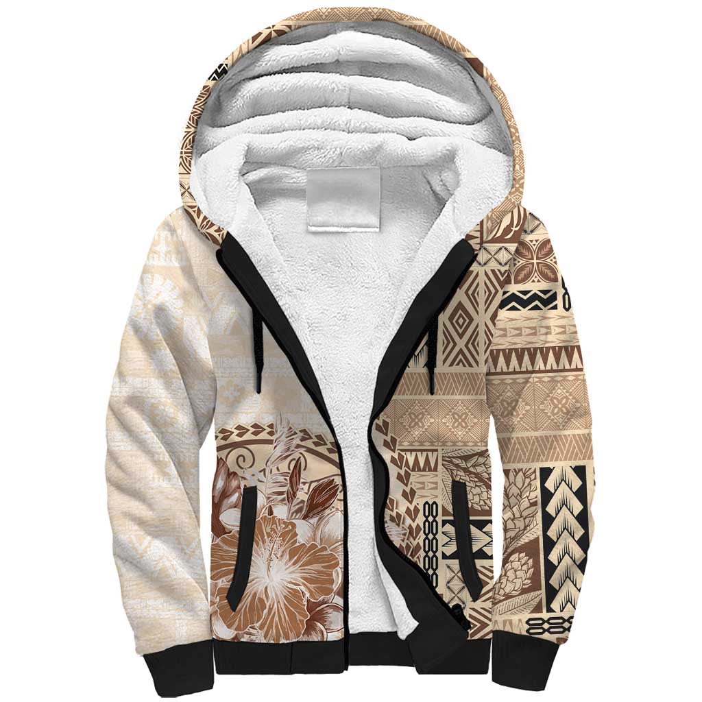 Samoa Siapo Elegant Sherpa Hoodie Hibiscus Beige Motifs LT05 Unisex Beige - Polynesian Pride