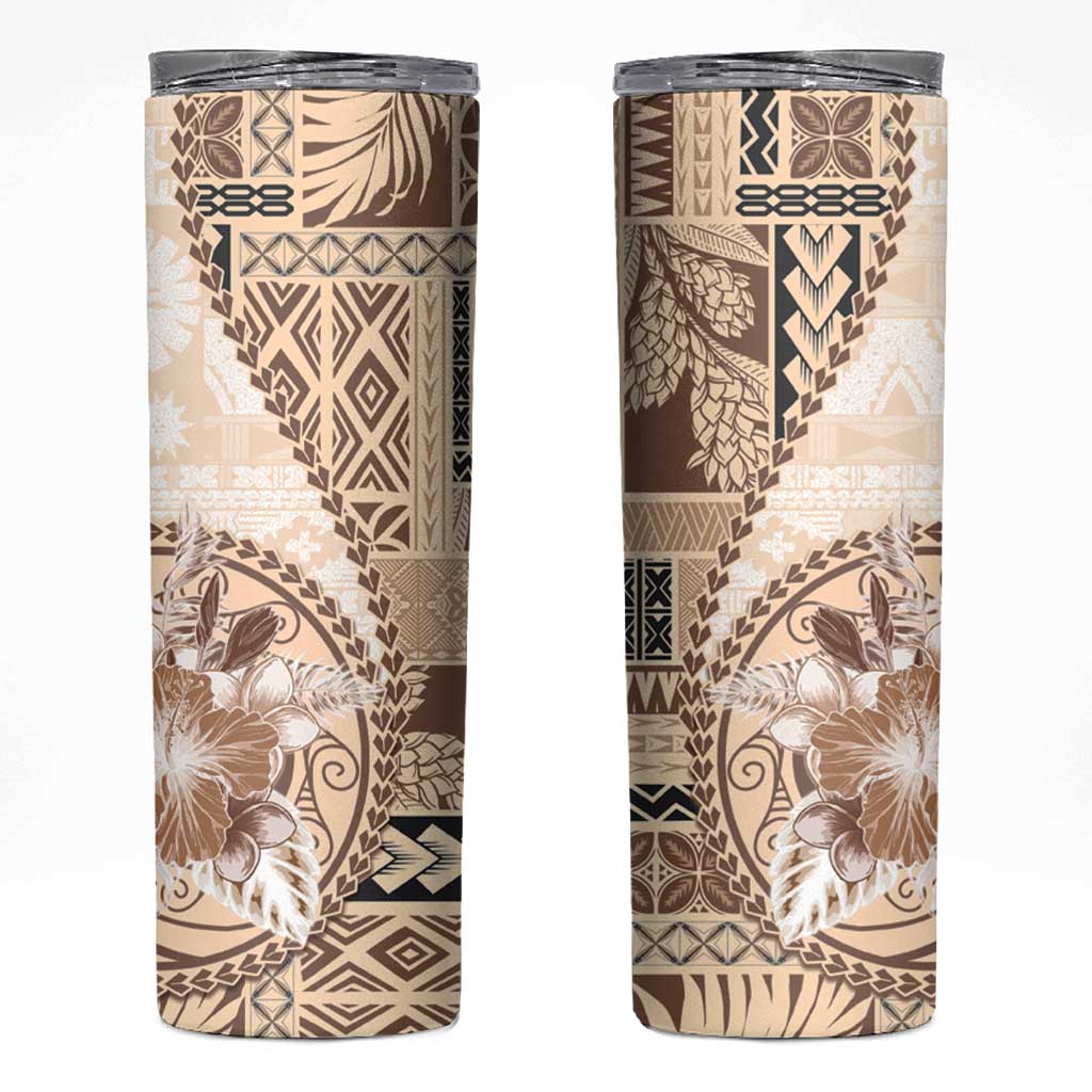 Samoa Siapo Elegant Skinny Tumbler Hibiscus Beige Motifs - Polynesian Pride