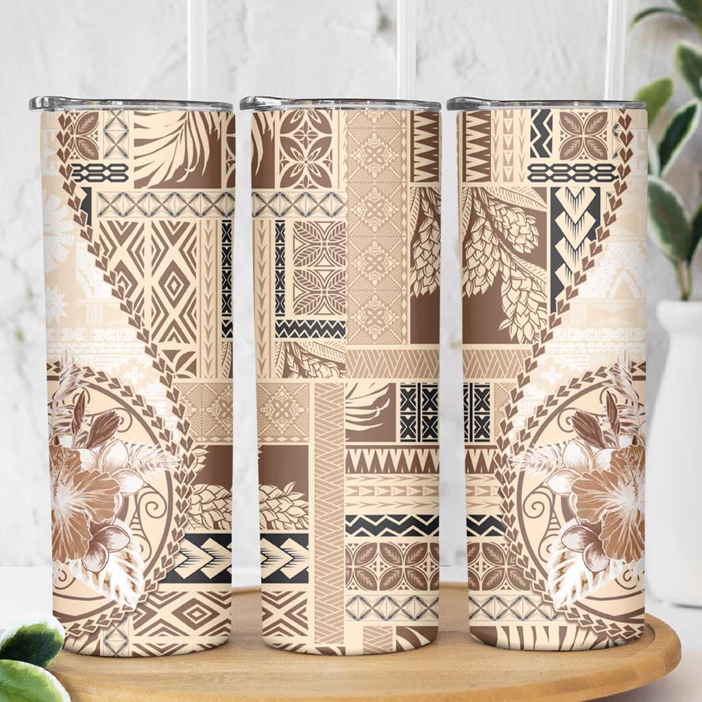 Samoa Siapo Elegant Skinny Tumbler Hibiscus Beige Motifs - Polynesian Pride