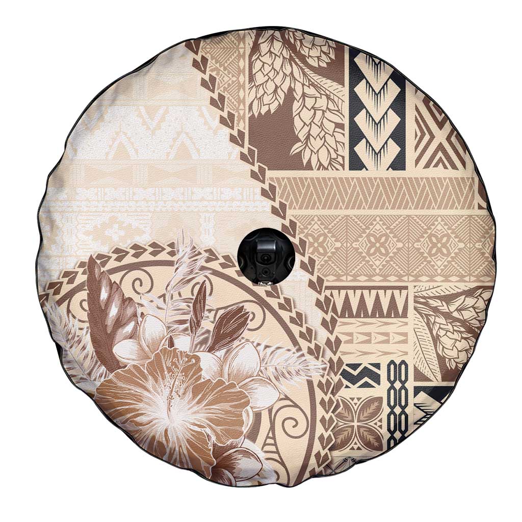 Samoa Siapo Elegant Spare Tire Cover Hibiscus Beige Motifs - Polynesian Pride