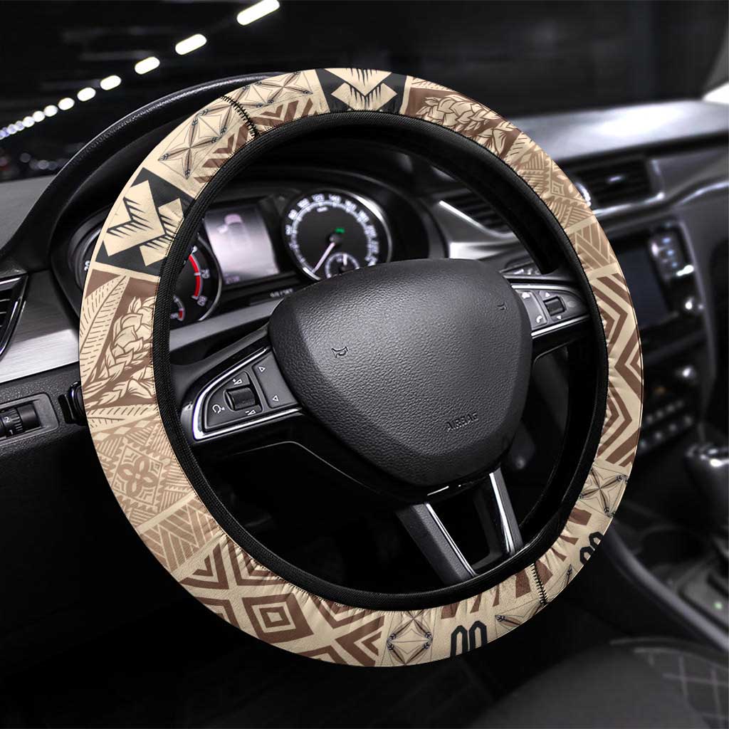 Samoa Siapo Elegant Steering Wheel Cover Hibiscus Beige Motifs LT05 Universal Fit Beige - Polynesian Pride