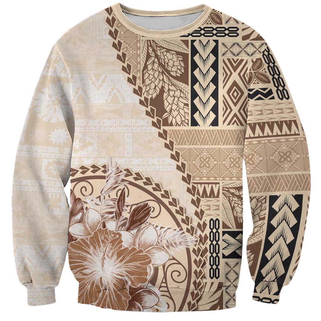 Samoa Siapo Elegant Sweatshirt Hibiscus Beige Motifs LT05 Unisex Beige - Polynesian Pride