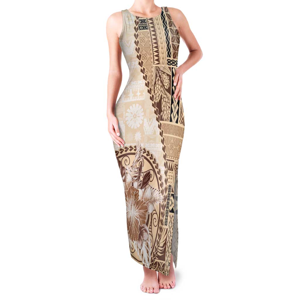 Samoa Siapo Elegant Tank Maxi Dress Hibiscus Beige Motifs LT05 Women Beige - Polynesian Pride