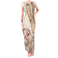 Samoa Siapo Elegant Tank Maxi Dress Hibiscus Beige Motifs LT05 Women Beige - Polynesian Pride