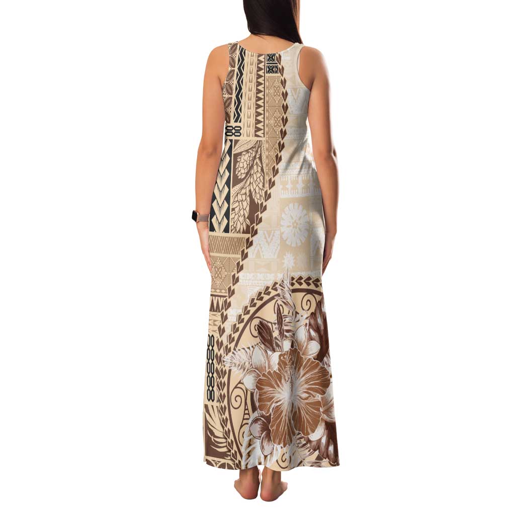 Samoa Siapo Elegant Tank Maxi Dress Hibiscus Beige Motifs LT05 - Polynesian Pride