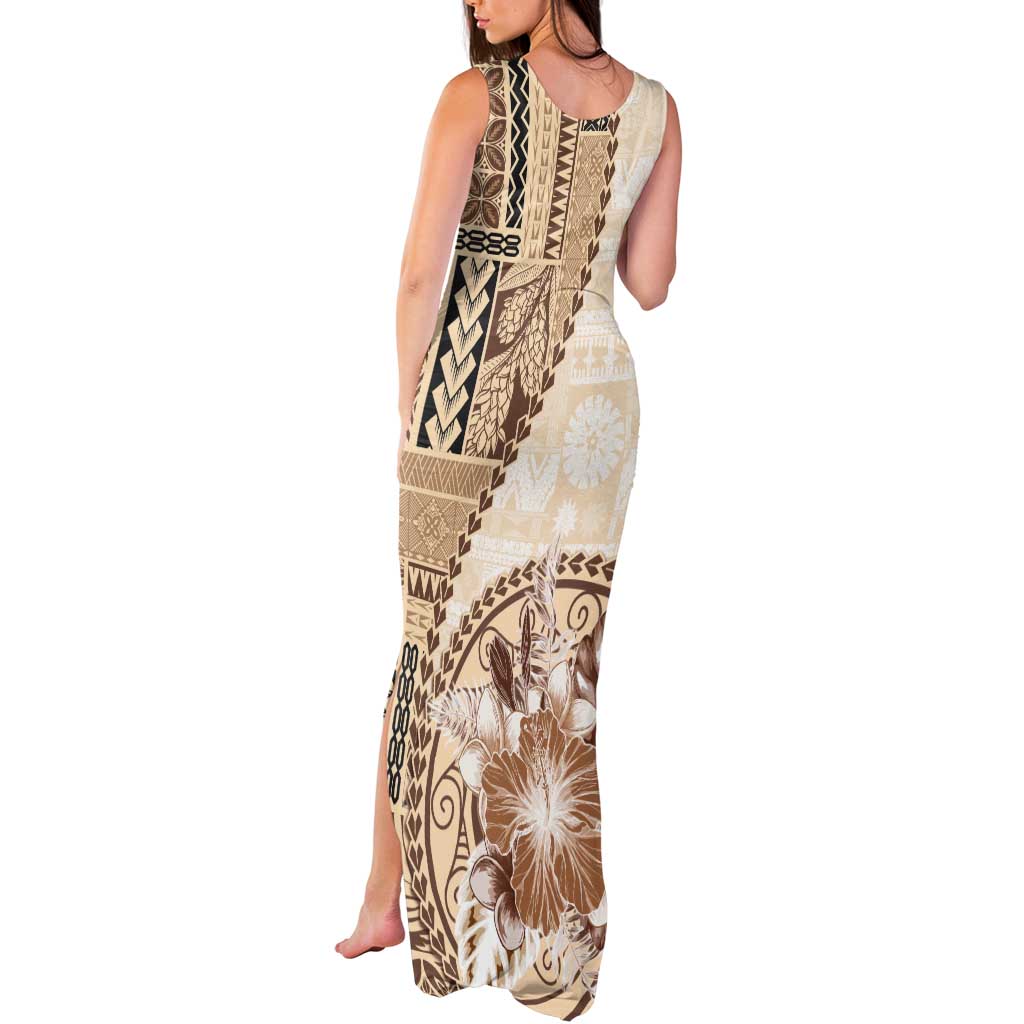 Samoa Siapo Elegant Tank Maxi Dress Hibiscus Beige Motifs LT05 - Polynesian Pride