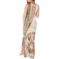 Samoa Siapo Elegant Tank Maxi Dress Hibiscus Beige Motifs LT05 - Polynesian Pride