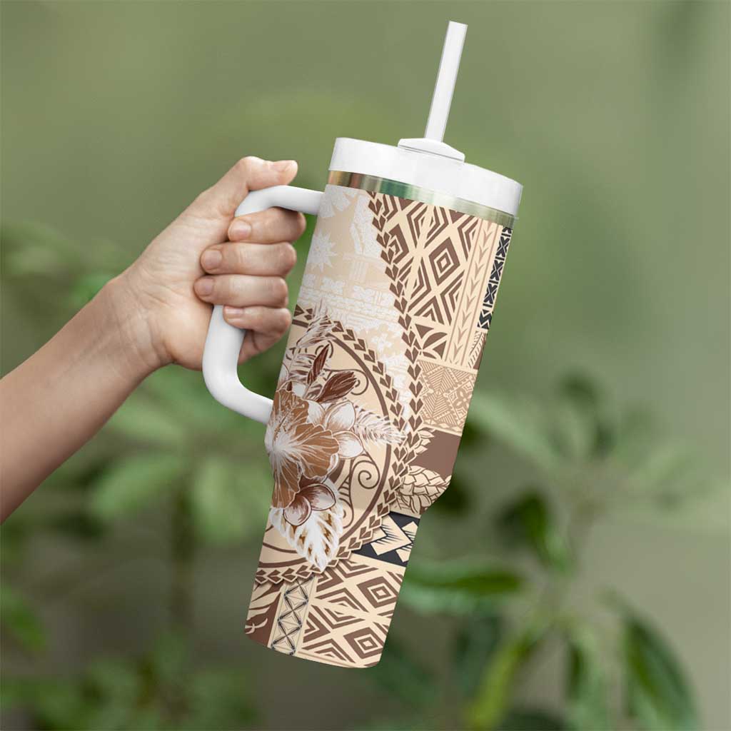 Samoa Siapo Elegant Tumbler With Handle Hibiscus Beige Motifs - Polynesian Pride