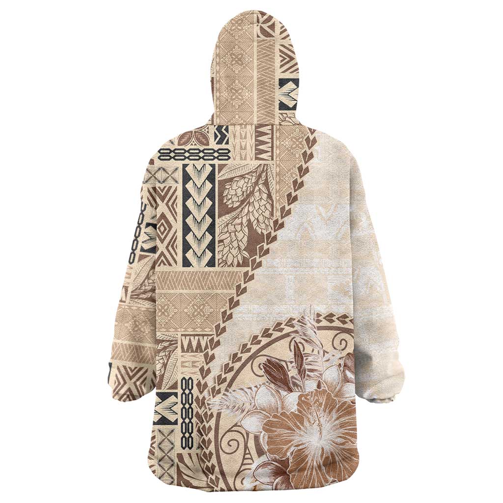 Samoa Siapo Elegant Wearable Blanket Hoodie Hibiscus Beige Motifs LT05 - Polynesian Pride