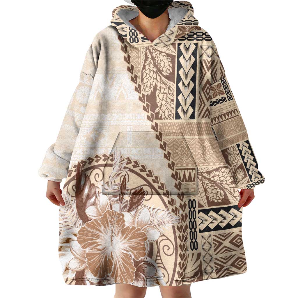 Samoa Siapo Elegant Wearable Blanket Hoodie Hibiscus Beige Motifs LT05 - Polynesian Pride