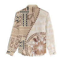 Samoa Siapo Elegant Women Casual Shirt Hibiscus Beige Motifs - Polynesian Pride