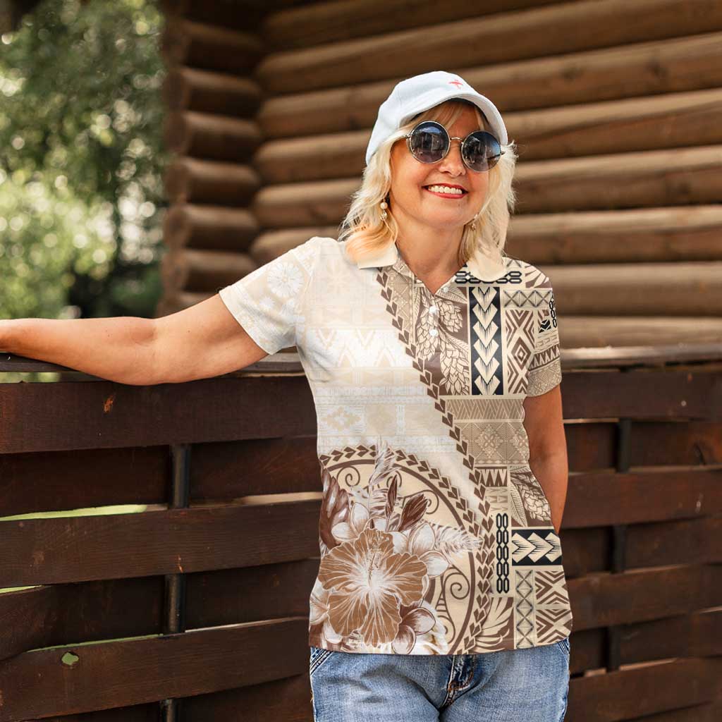 Samoa Siapo Elegant Women Polo Shirt Hibiscus Beige Motifs - Polynesian Pride
