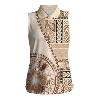 Samoa Siapo Elegant Women Sleeveless Polo Shirt Hibiscus Beige Motifs - Polynesian Pride
