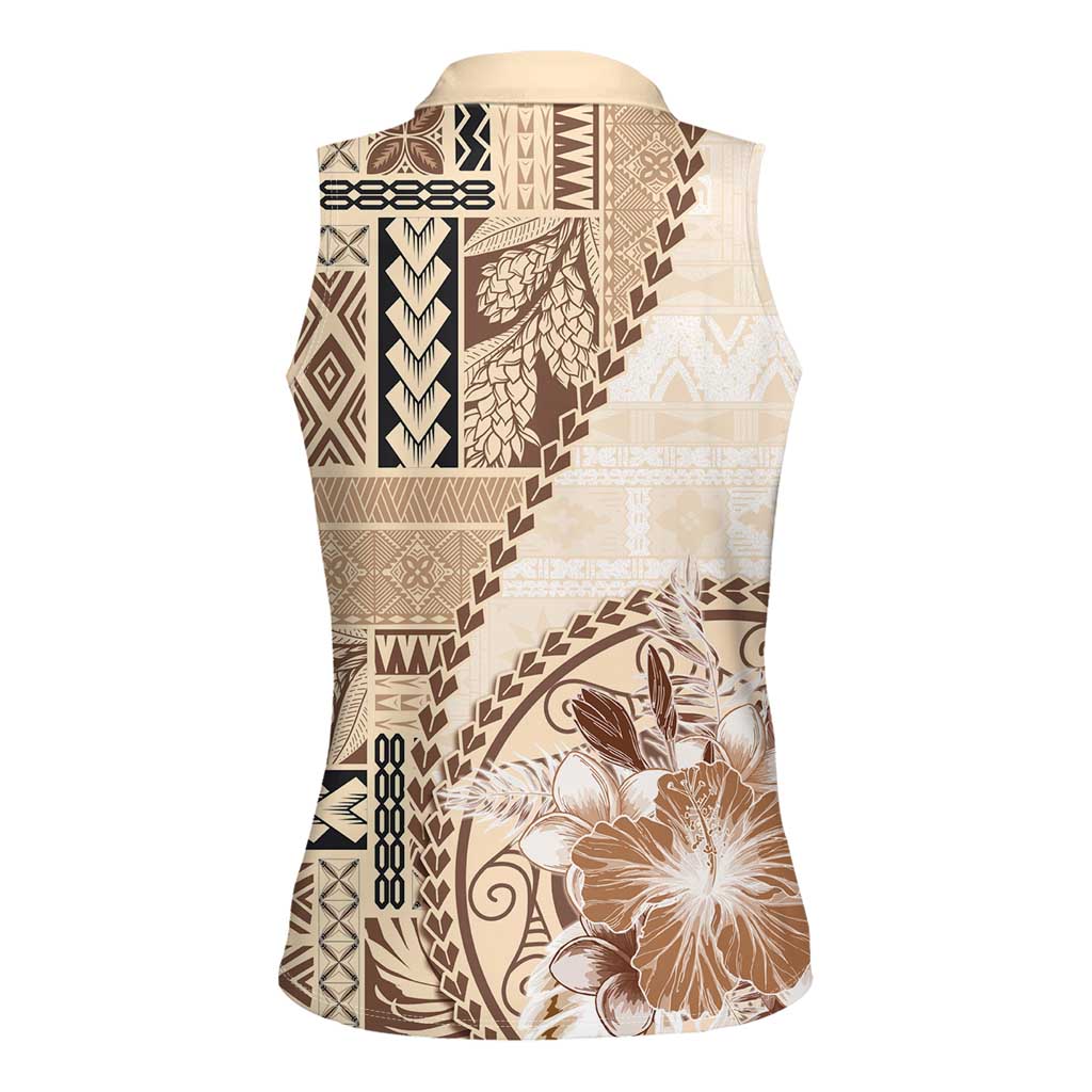 Samoa Siapo Elegant Women Sleeveless Polo Shirt Hibiscus Beige Motifs - Polynesian Pride