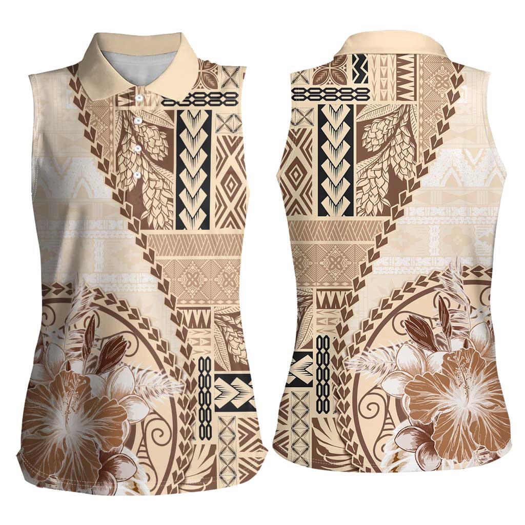 Samoa Siapo Elegant Women Sleeveless Polo Shirt Hibiscus Beige Motifs - Polynesian Pride