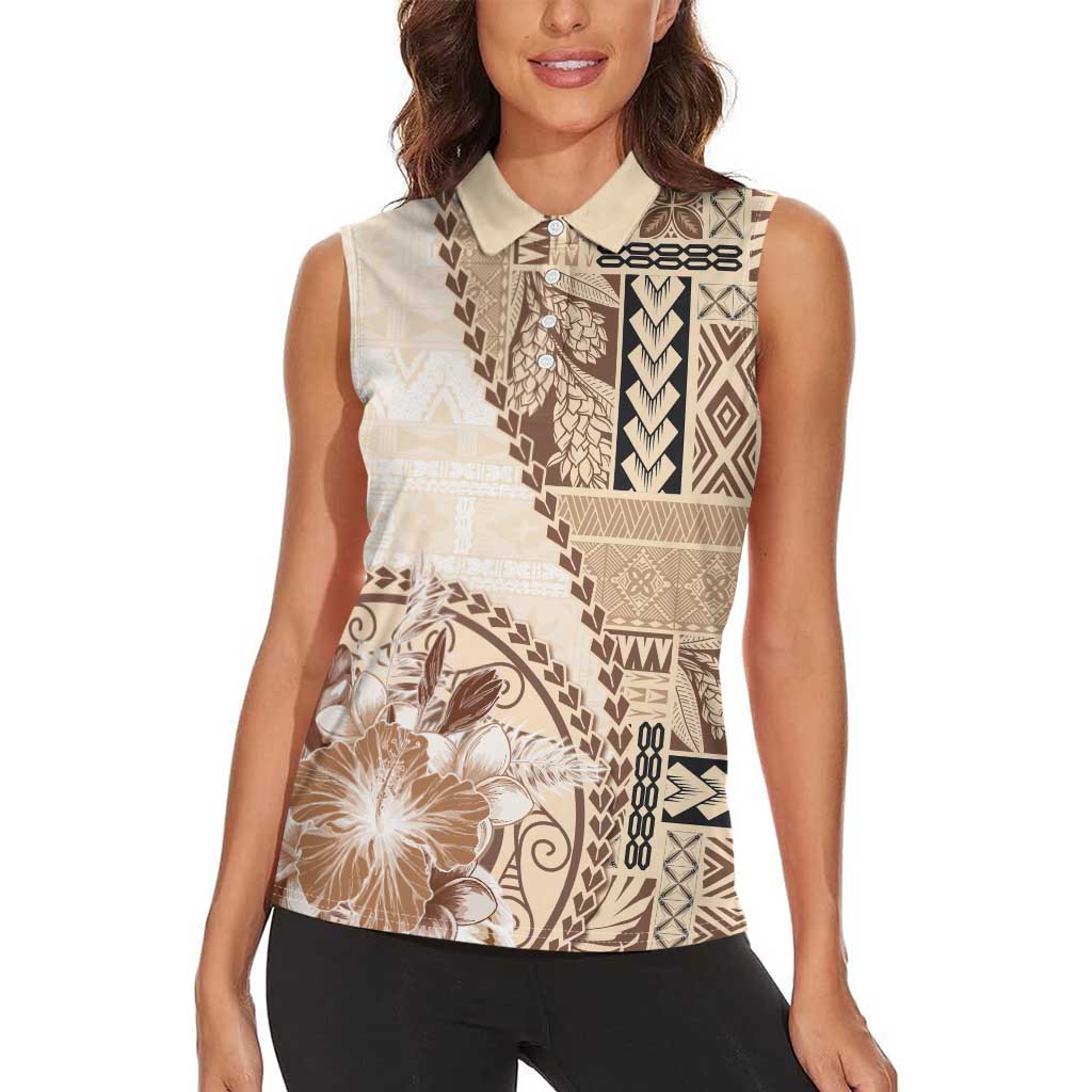 Samoa Siapo Elegant Women Sleeveless Polo Shirt Hibiscus Beige Motifs - Polynesian Pride