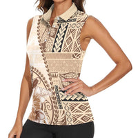 Samoa Siapo Elegant Women Sleeveless Polo Shirt Hibiscus Beige Motifs - Polynesian Pride