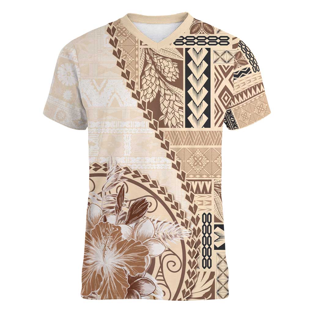 Samoa Siapo Elegant Women V-Neck T-Shirt Hibiscus Beige Motifs - Polynesian Pride