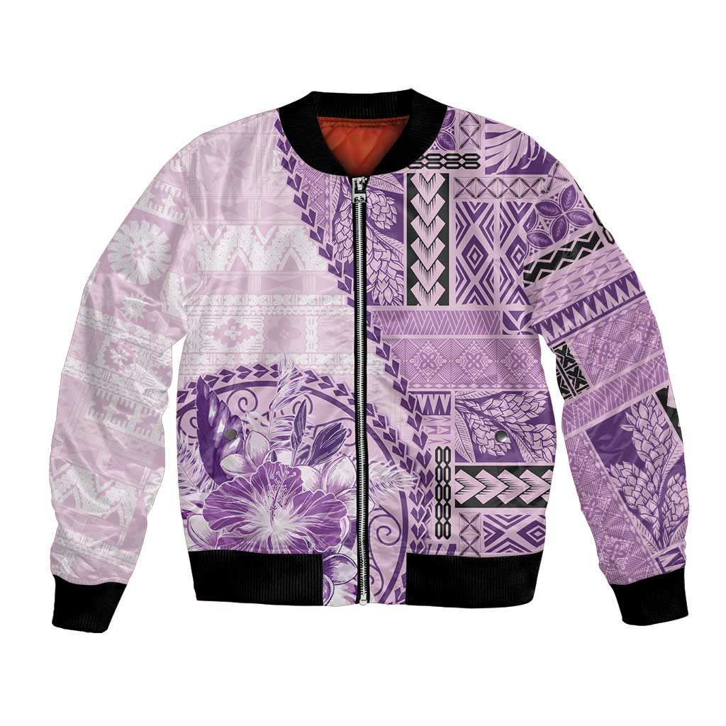 Samoa Siapo Elegant Bomber Jacket Hibiscus Violet Motifs - Polynesian Pride