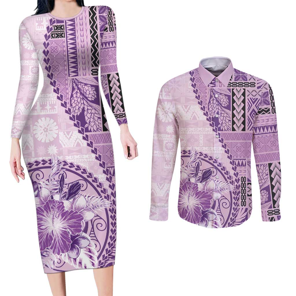 Samoa Siapo Elegant Couples Matching Long Sleeve Bodycon Dress and Long Sleeve Button Shirt Hibiscus Violet Motifs LT05 Violet - Polynesian Pride