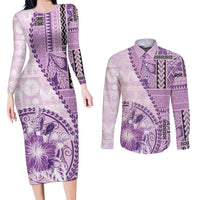 Samoa Siapo Elegant Couples Matching Long Sleeve Bodycon Dress and Long Sleeve Button Shirt Hibiscus Violet Motifs LT05 Violet - Polynesian Pride