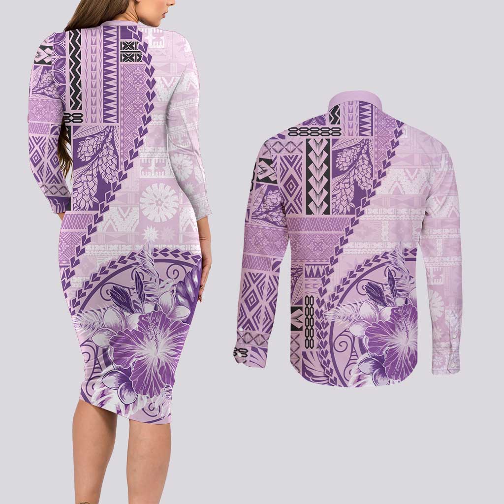 Samoa Siapo Elegant Couples Matching Long Sleeve Bodycon Dress and Long Sleeve Button Shirt Hibiscus Violet Motifs LT05 - Polynesian Pride