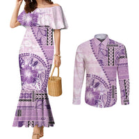 Samoa Siapo Elegant Couples Matching Mermaid Dress and Long Sleeve Button Shirt Hibiscus Violet Motifs LT05 Violet - Polynesian Pride