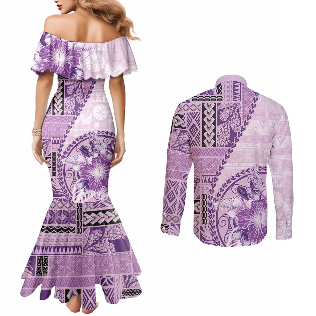 Samoa Siapo Elegant Couples Matching Mermaid Dress and Long Sleeve Button Shirt Hibiscus Violet Motifs LT05 - Polynesian Pride