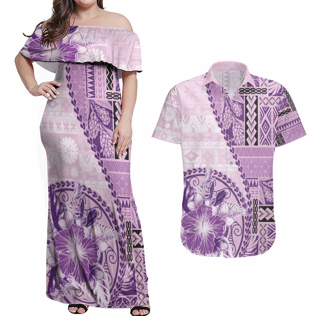 Samoa Siapo Elegant Couples Matching Off Shoulder Maxi Dress and Hawaiian Shirt Hibiscus Violet Motifs - Polynesian Pride
