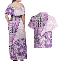 Samoa Siapo Elegant Couples Matching Off Shoulder Maxi Dress and Hawaiian Shirt Hibiscus Violet Motifs - Polynesian Pride