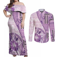 Samoa Siapo Elegant Couples Matching Off Shoulder Maxi Dress and Long Sleeve Button Shirt Hibiscus Violet Motifs LT05 Violet - Polynesian Pride