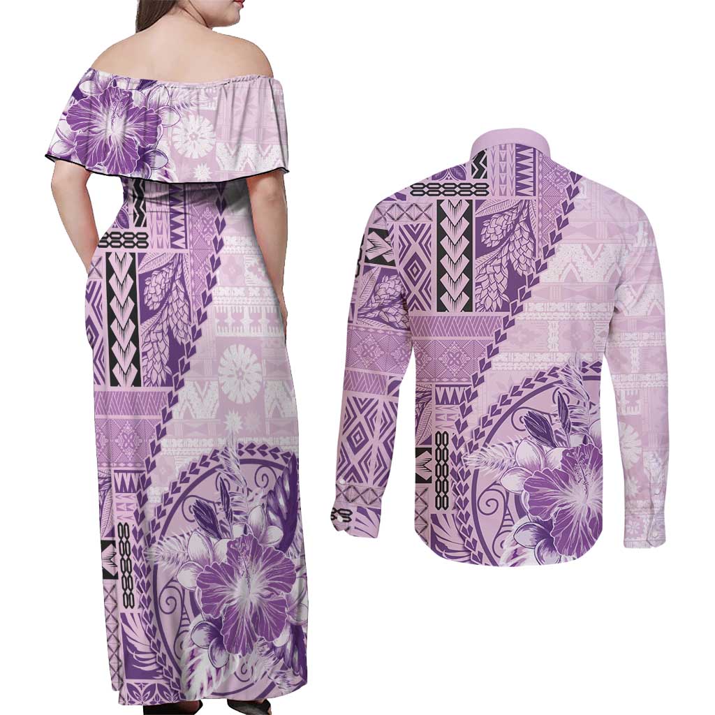 Samoa Siapo Elegant Couples Matching Off Shoulder Maxi Dress and Long Sleeve Button Shirt Hibiscus Violet Motifs LT05 - Polynesian Pride