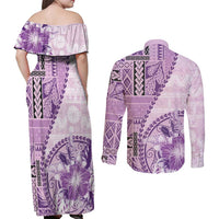 Samoa Siapo Elegant Couples Matching Off Shoulder Maxi Dress and Long Sleeve Button Shirt Hibiscus Violet Motifs LT05 - Polynesian Pride