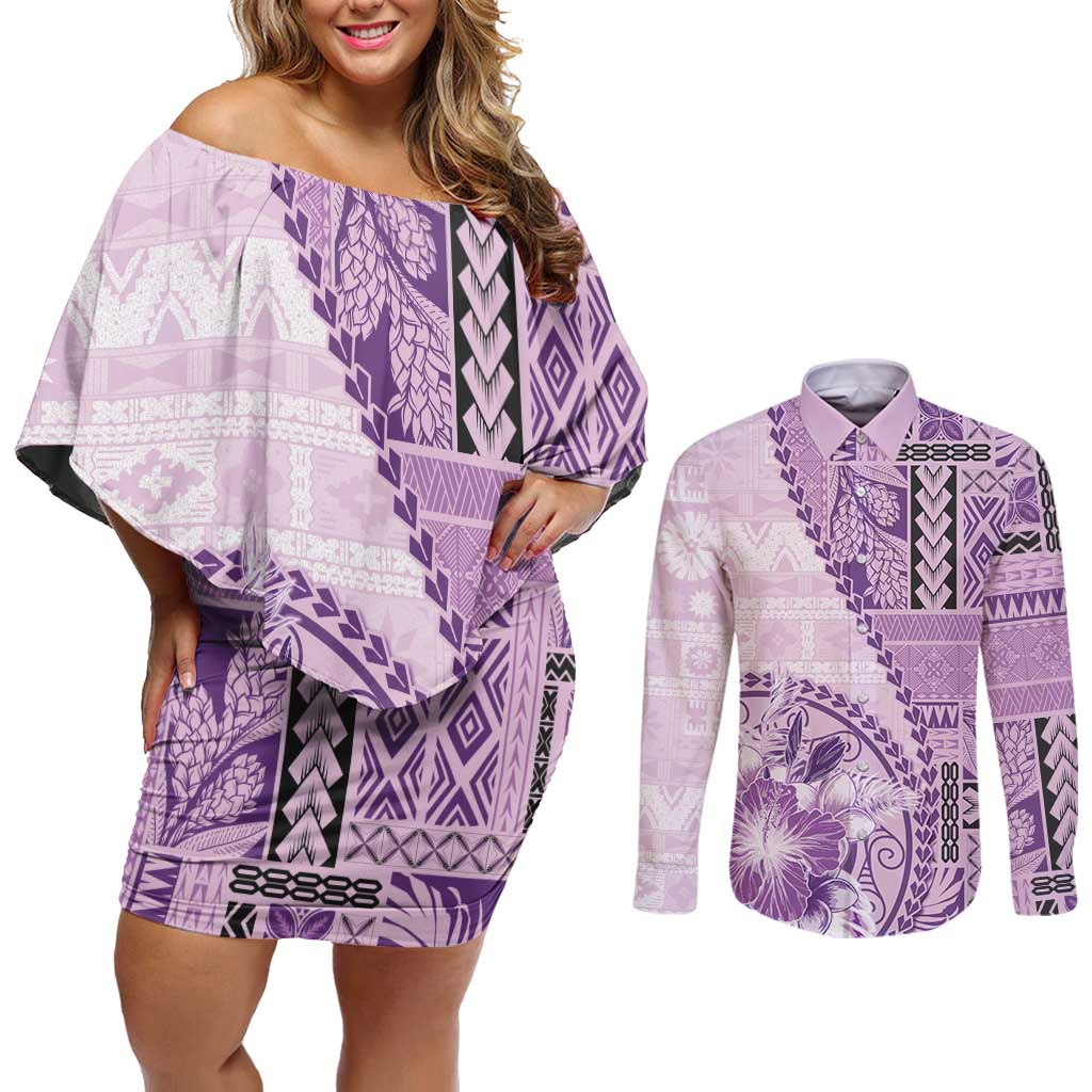 Samoa Siapo Elegant Couples Matching Off Shoulder Short Dress and Long Sleeve Button Shirt Hibiscus Violet Motifs LT05 Violet - Polynesian Pride