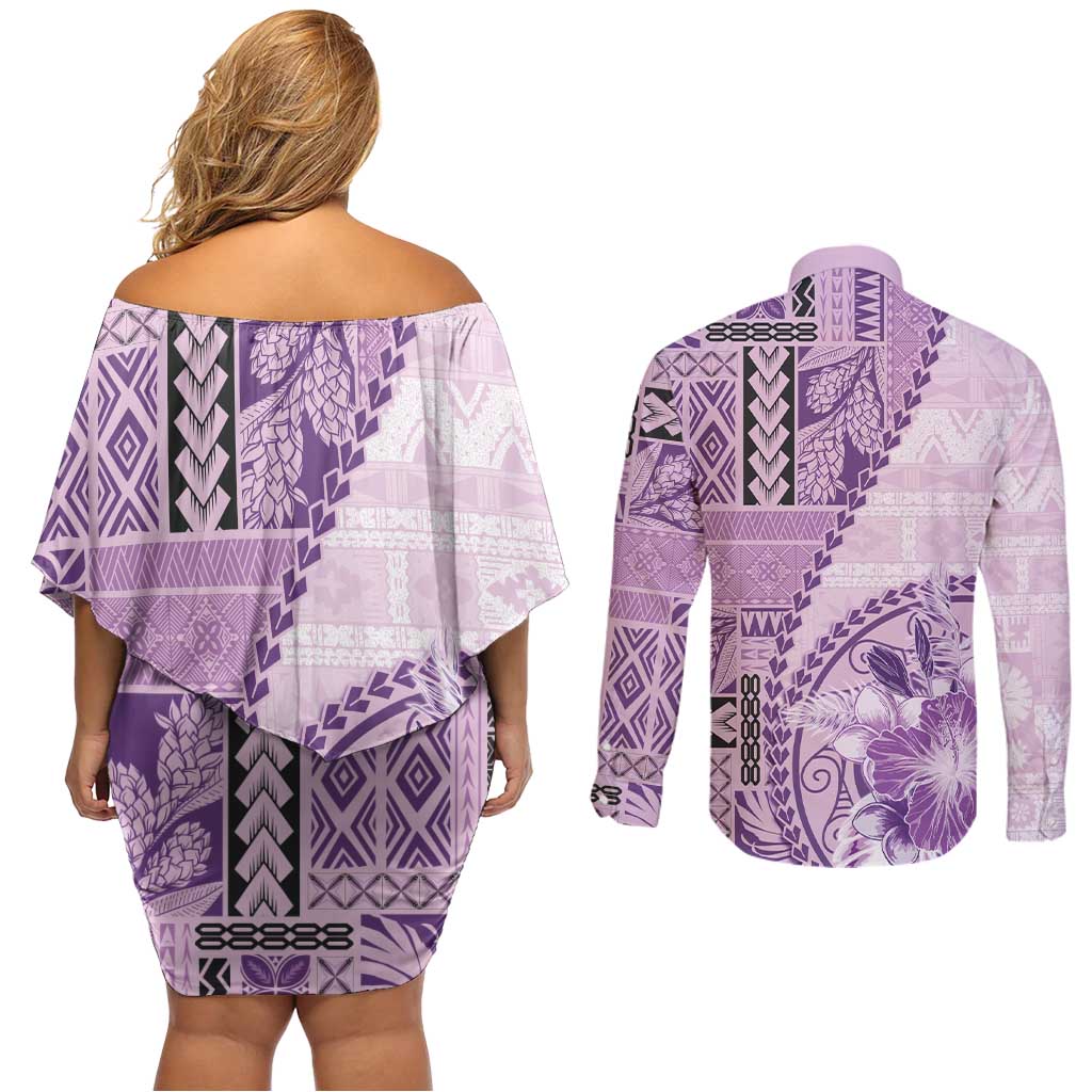 Samoa Siapo Elegant Couples Matching Off Shoulder Short Dress and Long Sleeve Button Shirt Hibiscus Violet Motifs LT05 - Polynesian Pride