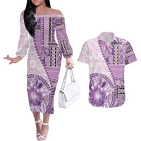 Samoa Siapo Elegant Couples Matching Off The Shoulder Long Sleeve Dress and Hawaiian Shirt Hibiscus Violet Motifs - Polynesian Pride