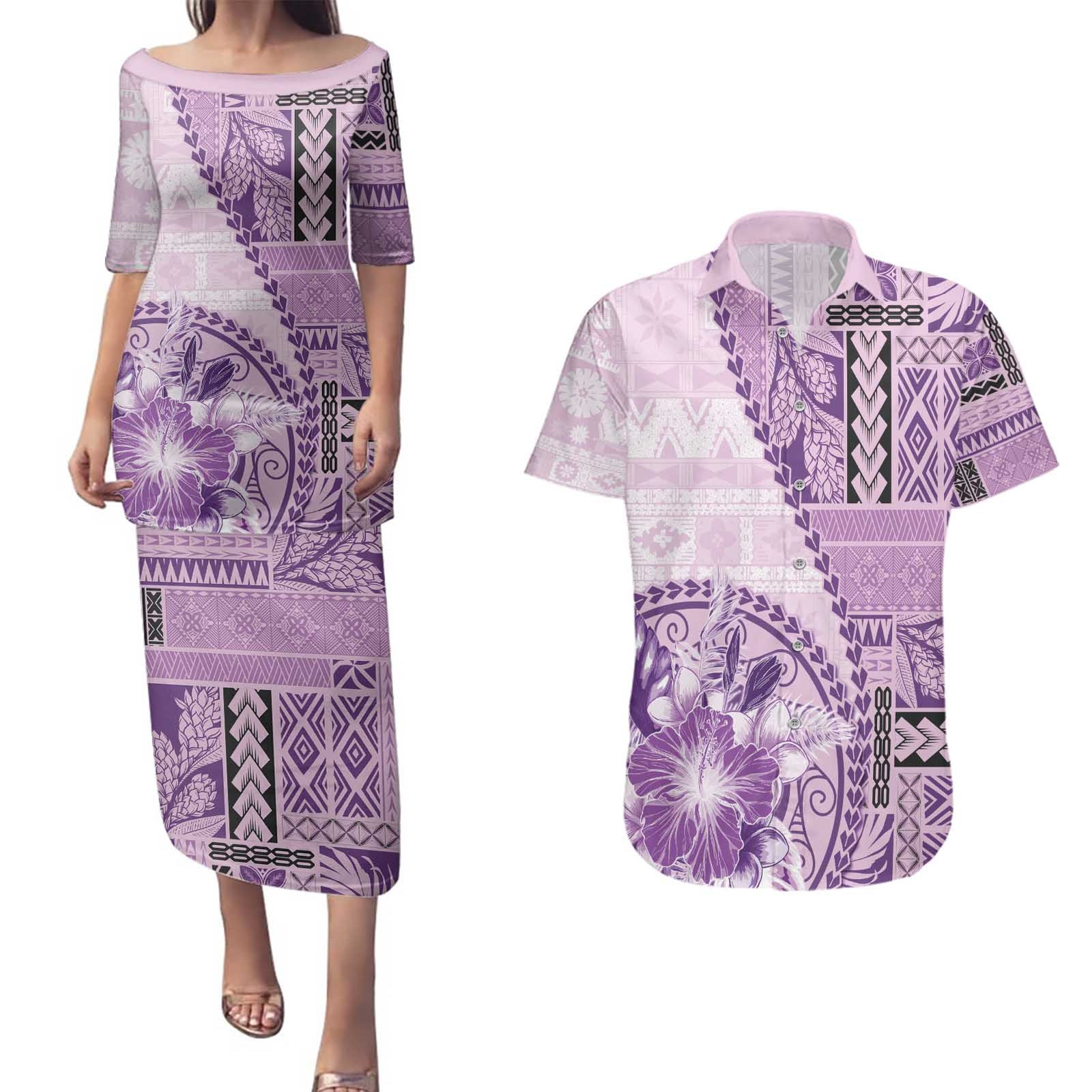 Samoa Siapo Elegant Couples Matching Puletasi and Hawaiian Shirt Hibiscus Violet Motifs - Polynesian Pride