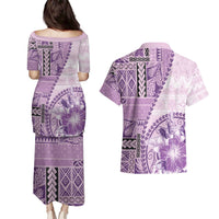 Samoa Siapo Elegant Couples Matching Puletasi and Hawaiian Shirt Hibiscus Violet Motifs - Polynesian Pride