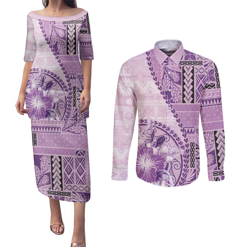 Samoa Siapo Elegant Couples Matching Puletasi and Long Sleeve Button Shirt Hibiscus Violet Motifs LT05 Violet - Polynesian Pride