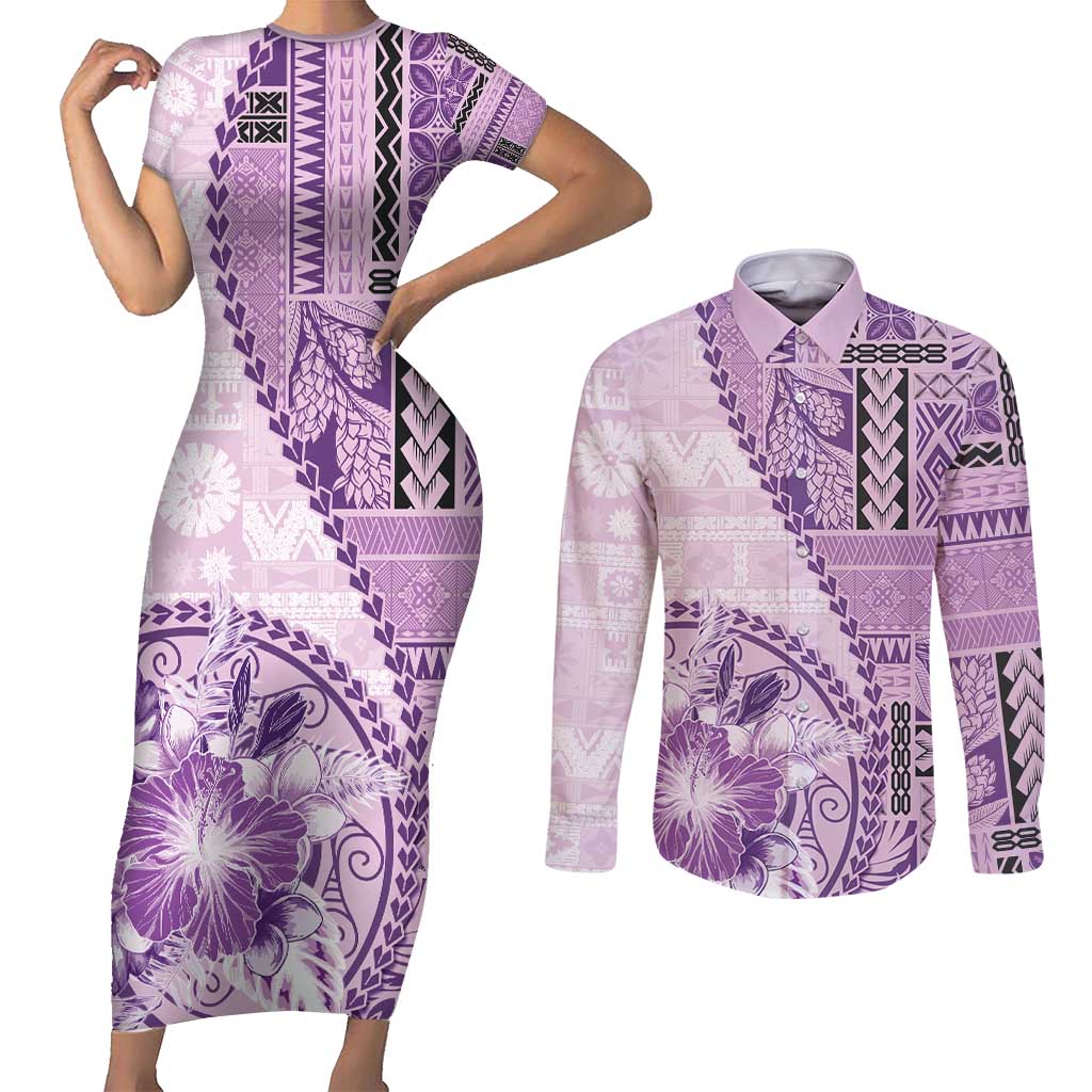 Samoa Siapo Elegant Couples Matching Short Sleeve Bodycon Dress and Long Sleeve Button Shirt Hibiscus Violet Motifs LT05 Violet - Polynesian Pride