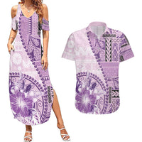 Samoa Siapo Elegant Couples Matching Summer Maxi Dress and Hawaiian Shirt Hibiscus Violet Motifs - Polynesian Pride