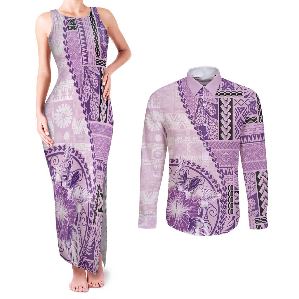 Samoa Siapo Elegant Couples Matching Tank Maxi Dress and Long Sleeve Button Shirt Hibiscus Violet Motifs LT05 Violet - Polynesian Pride