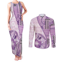 Samoa Siapo Elegant Couples Matching Tank Maxi Dress and Long Sleeve Button Shirt Hibiscus Violet Motifs LT05 Violet - Polynesian Pride