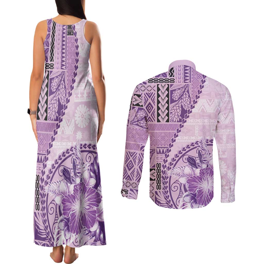 Samoa Siapo Elegant Couples Matching Tank Maxi Dress and Long Sleeve Button Shirt Hibiscus Violet Motifs LT05 - Polynesian Pride
