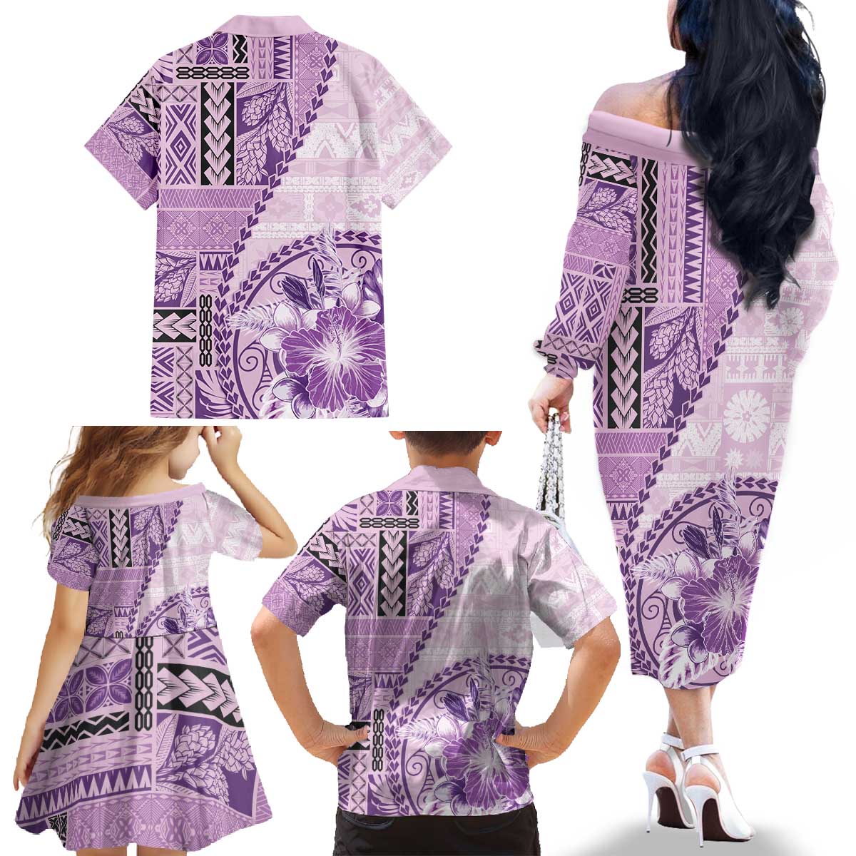 Samoa Siapo Elegant Family Matching Off The Shoulder Long Sleeve Dress and Hawaiian Shirt Hibiscus Violet Motifs - Polynesian Pride
