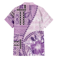 Samoa Siapo Elegant Family Matching Off The Shoulder Long Sleeve Dress and Hawaiian Shirt Hibiscus Violet Motifs - Polynesian Pride