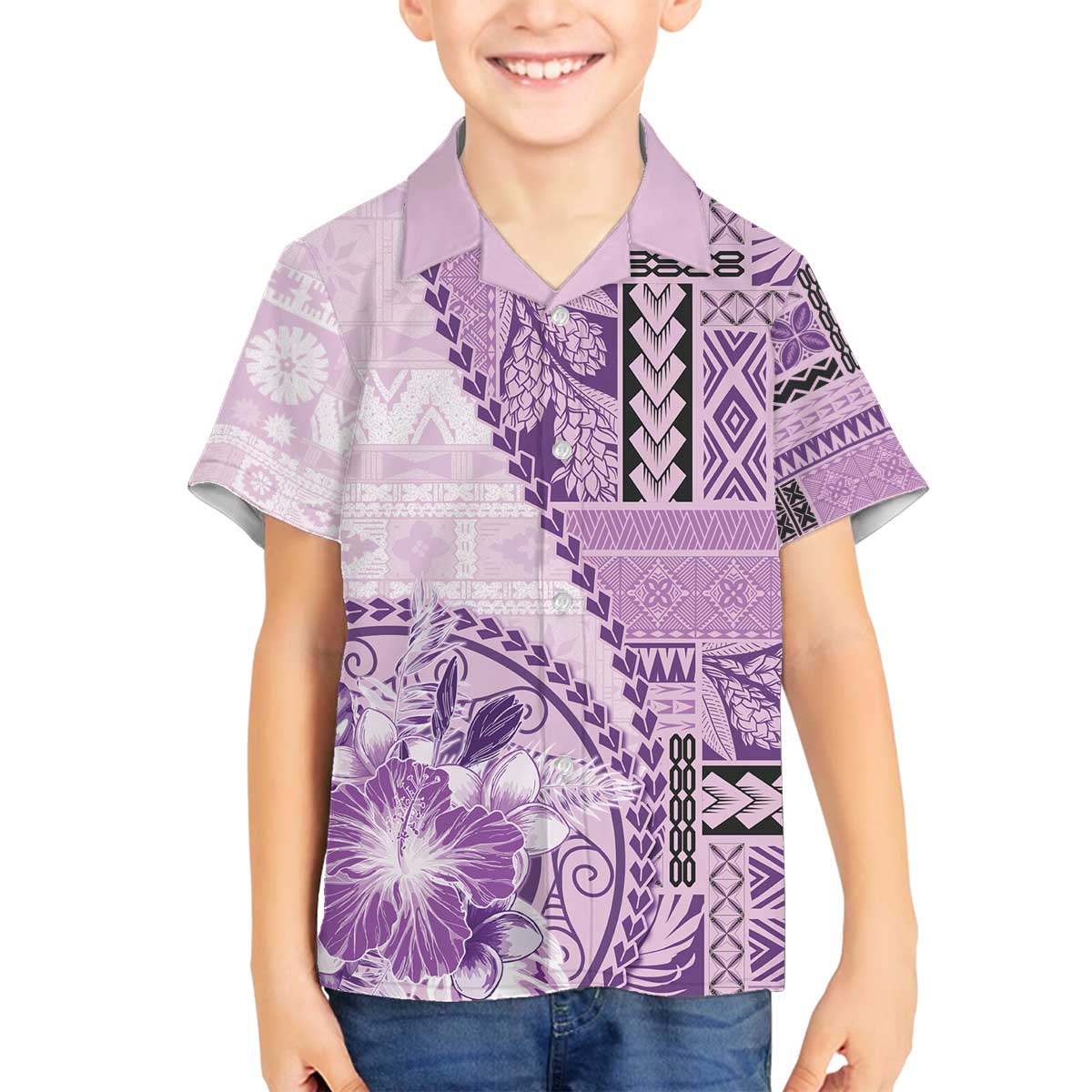 Samoa Siapo Elegant Family Matching Off The Shoulder Long Sleeve Dress and Hawaiian Shirt Hibiscus Violet Motifs - Polynesian Pride